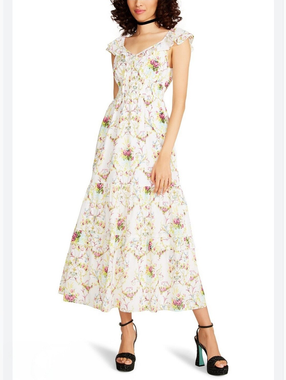 Betsey Johnson Kiki Floral Maxi Dress Sonic White L Cottagecore Romantic Tiered